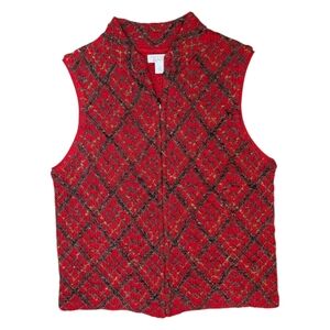 Vtg 90s Christopher & Banks Red Green Knit Zipper Vest Christmas Holiday Medium